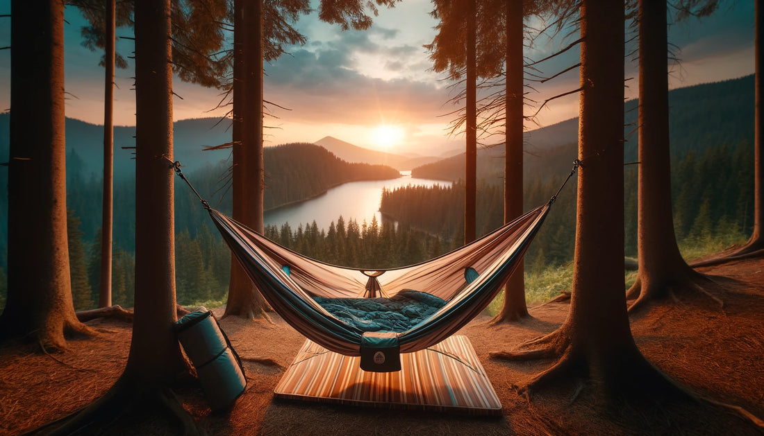 Hammock tent with sleeping mattress in forest. Hawk Nest Hammock