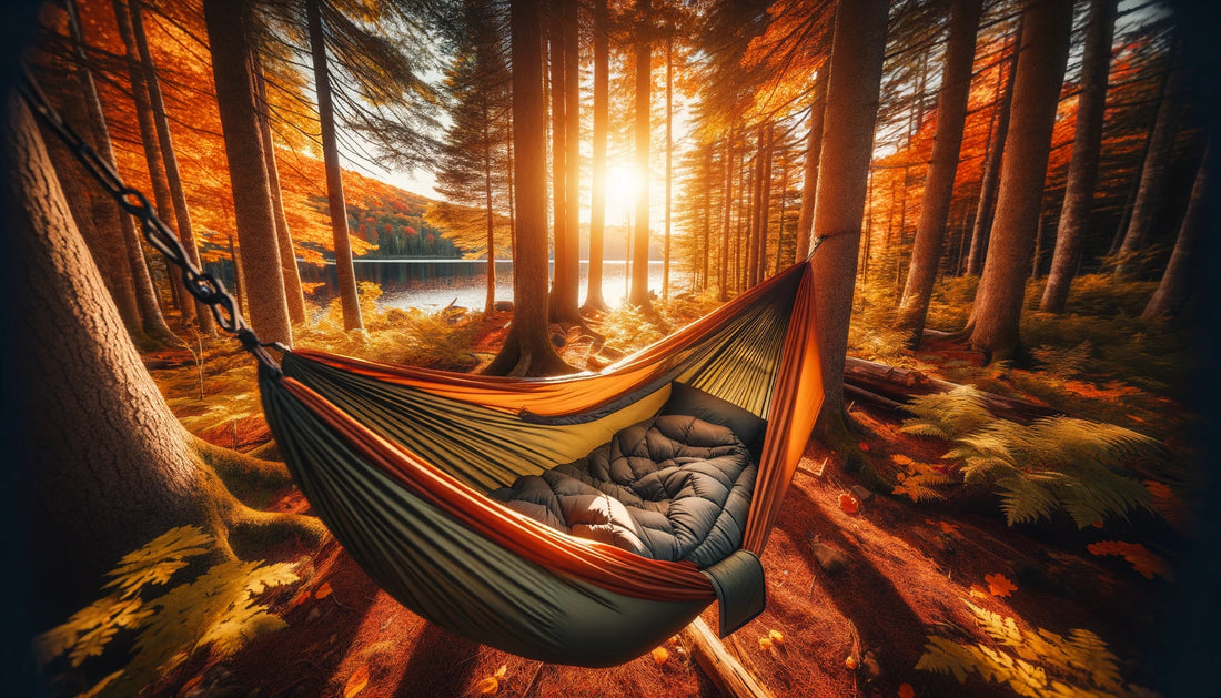 A hawk nest hammock tent set up with a hammock underquilt set up with the hammock tent in the forest.