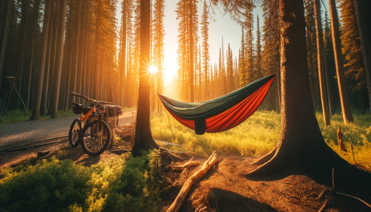 A hammock tent for bikepacking set up in the forest