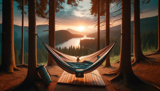 Hammock tent with sleeping mattress in forest. Hawk Nest Hammock