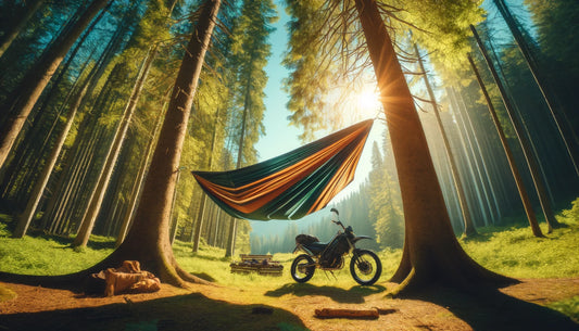 hawk nest hammock tent sleep system shown set up in a forest with the sun shining from the background. 