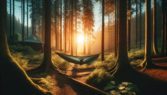 hawk nest hammock tent camping tips. Hammock tent set up in a forest with the sun shining behind