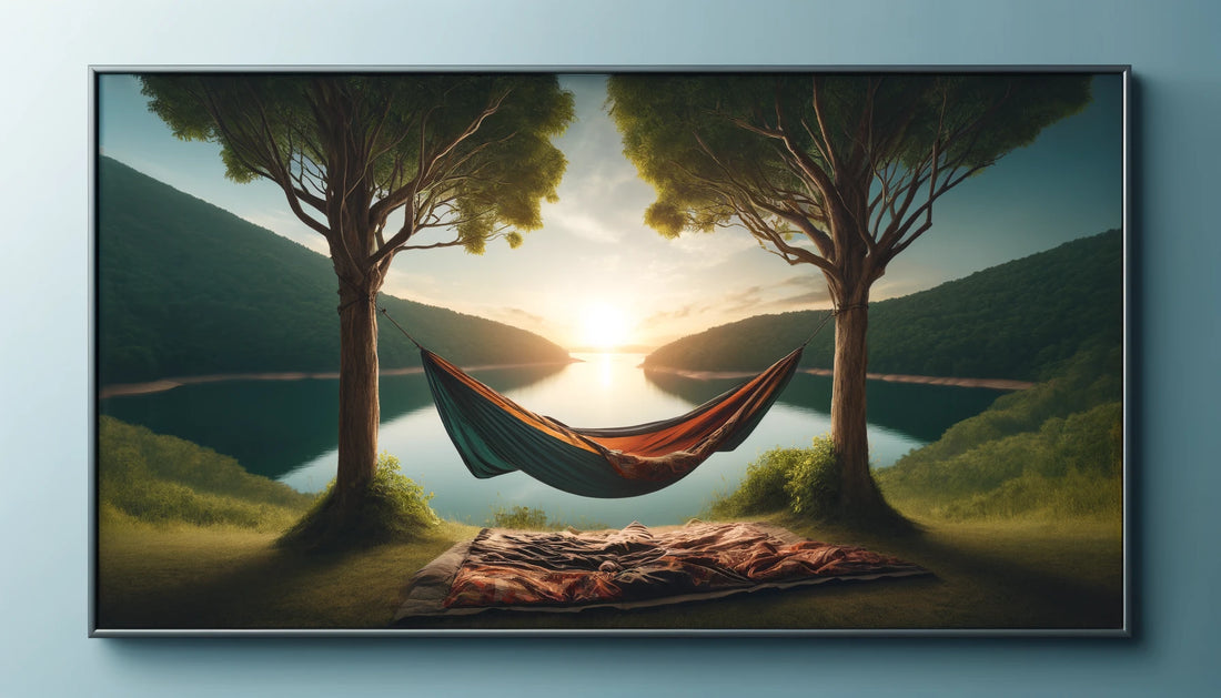 Hawk nest hammock tent overquilt shown on hammock tent set up in a bright forest