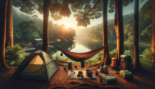 A hawk nest hammock tent shown set up in a forest with a camping tent shown in the back. Hammock tent camping gear is shown on the ground around it embodying a hammock tent camping gear checklist