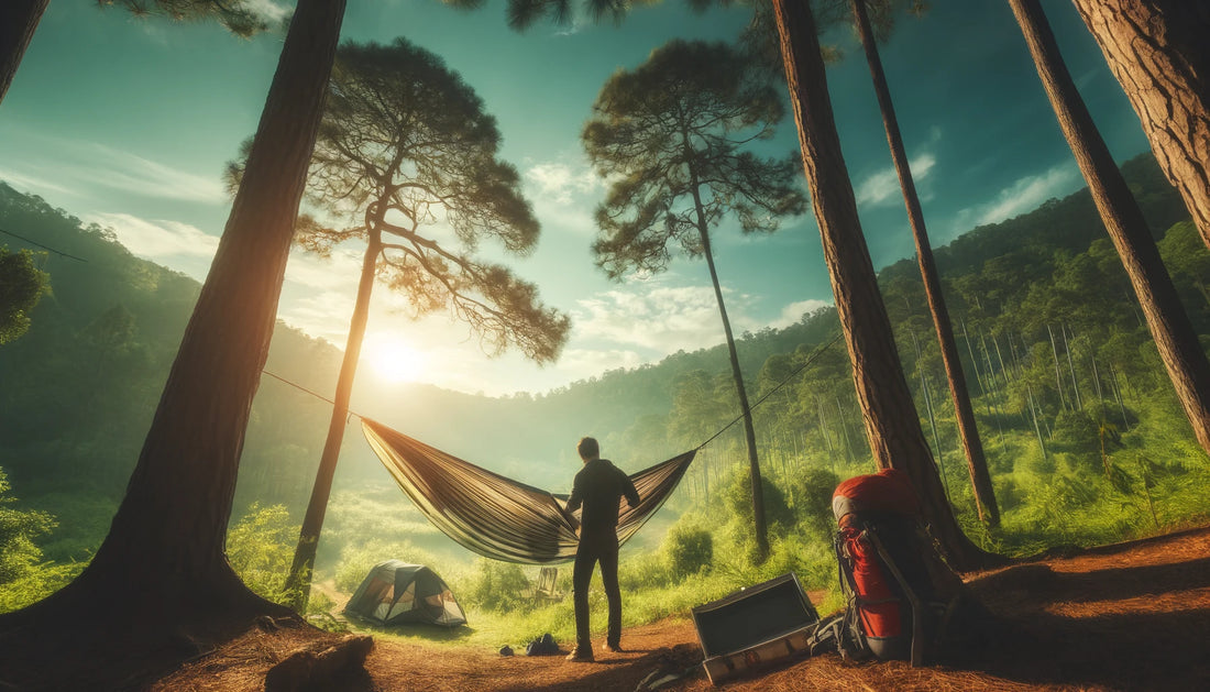 Hammock Tent Hiking Gear shown in a hawk nest hammock tent set up in a lush green forest