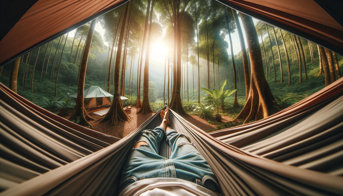 Hammock tent for tall people shown in a forest set up hawk nest hammock tent