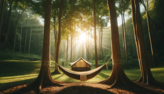 hammock tent care tips shows a hawk nest hammock tent set up in a canadian forest