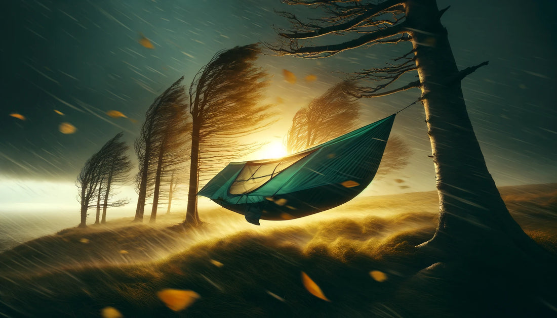 hawk nest hammock tent wind resistance is shown by heavy winds blowing on a hammock tent