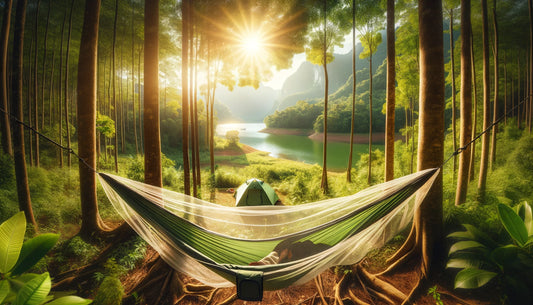 a hawk nest hammock tent with bug and mosquito net in a canadian forest