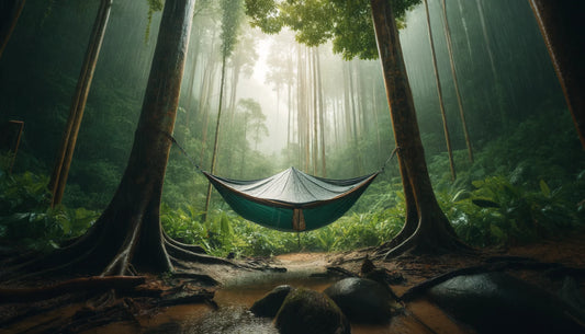 a hawk nest hammock tent for rainy weather shown in a rainy canadian forest
