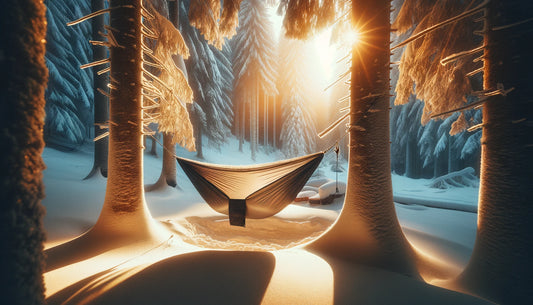 a cozy hawk nest hammock tent shown set up in a snowy forest 
