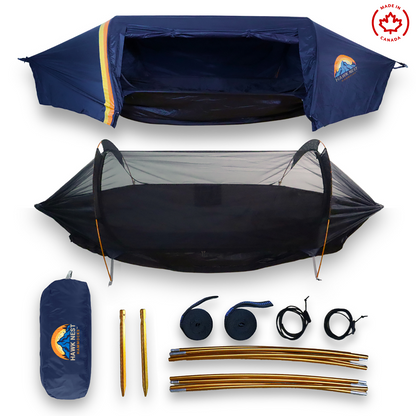 Ultralight hammock tent suspended between trees, ideal for outdoor camping and backpacking adventures. Compact, lightweight design ensures easy portability and setup. Perfect shelter solution for nature lovers seeking comfort and convenience in the wilderness