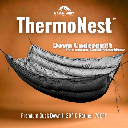 ThermoNest down underquilt hung beneath a hammock, product title graphic