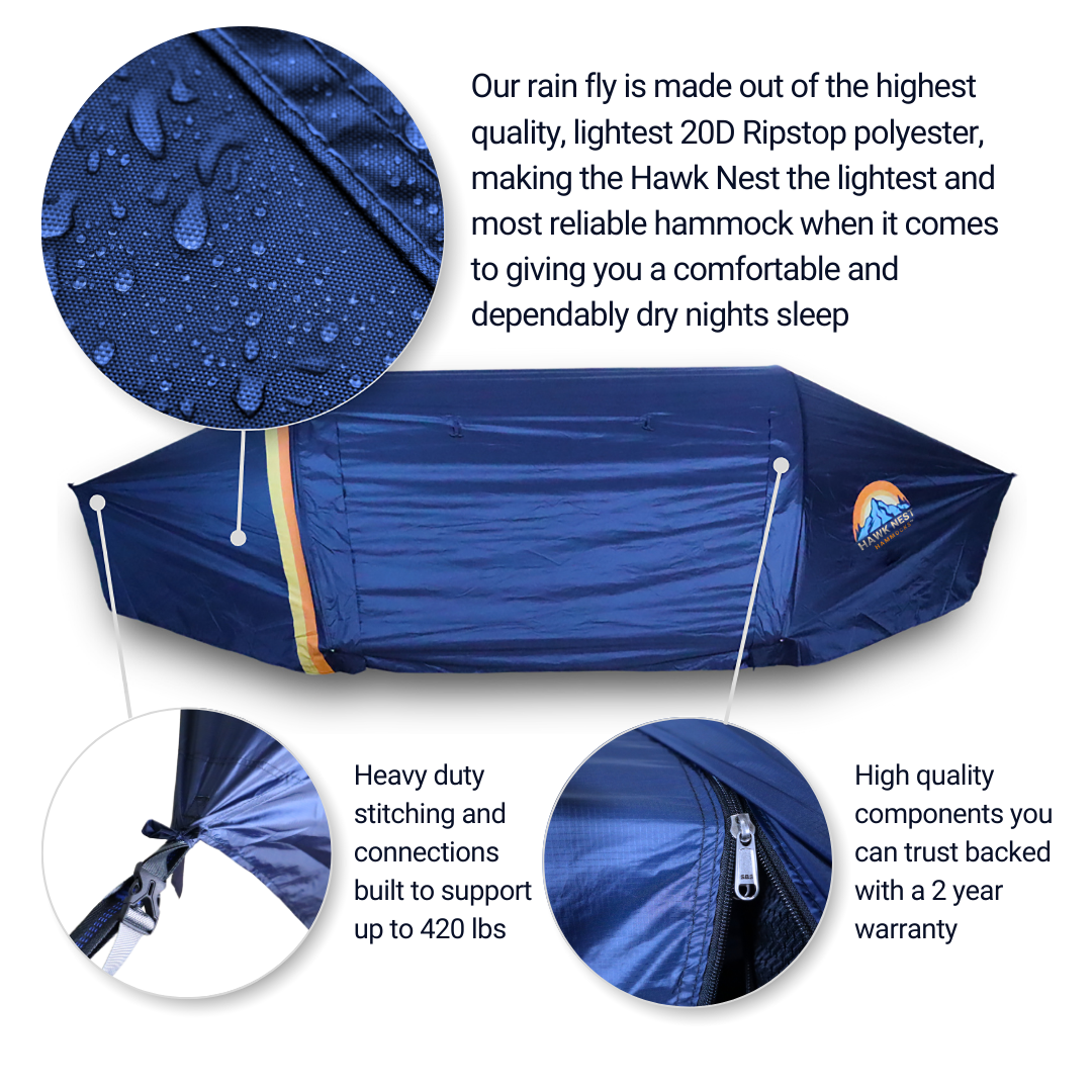 Ultralight hammock tent suspended between trees, ideal for outdoor camping and backpacking adventures. Compact, lightweight design ensures easy portability and setup. Perfect shelter solution for nature lovers seeking comfort and convenience in the wilderness. Image showing the technical specs of the hammock and improved weather proof capabilities