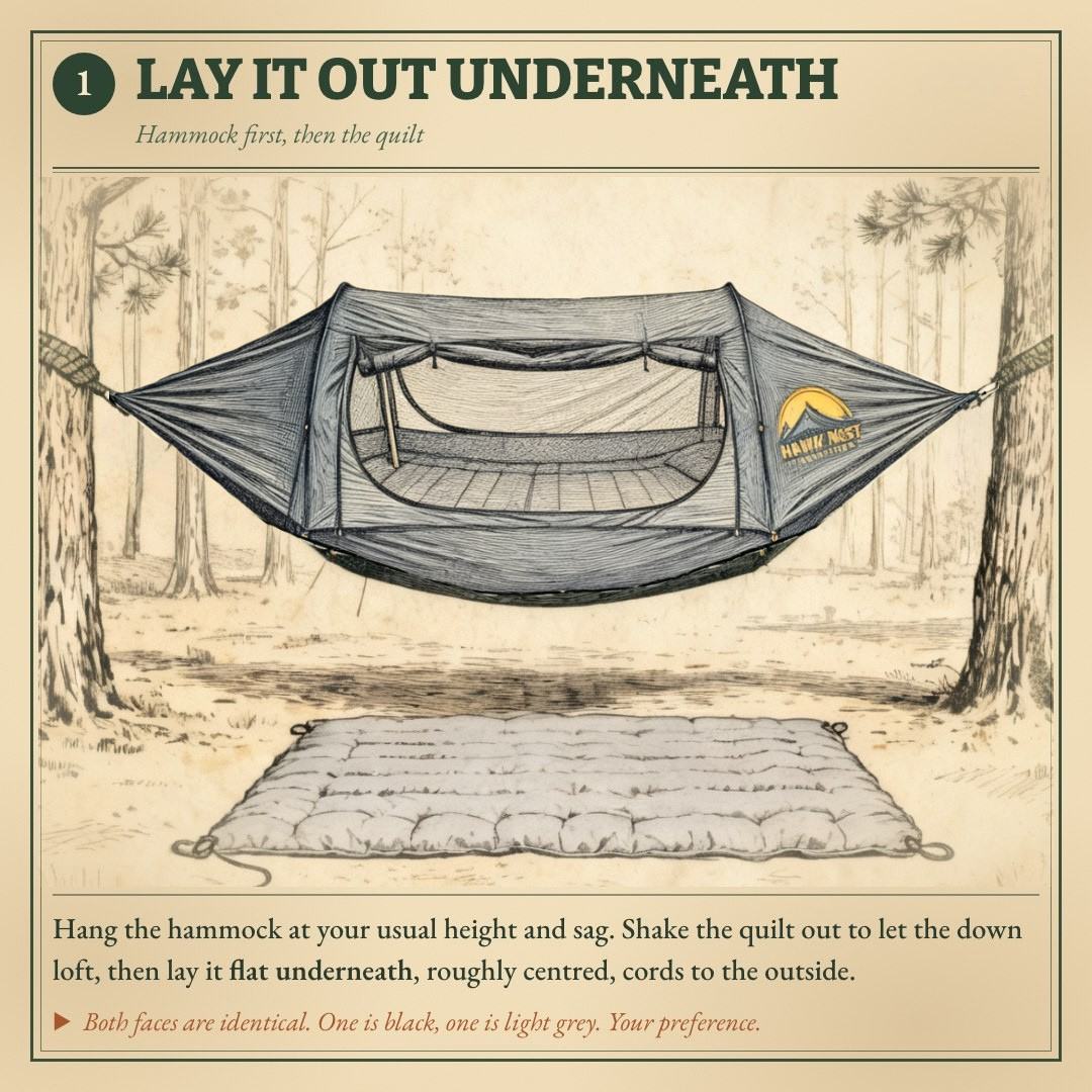 ThermoNest setup step 1: lay the underquilt out beneath the hammock