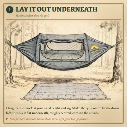 ThermoNest setup step 1: lay the underquilt out beneath the hammock