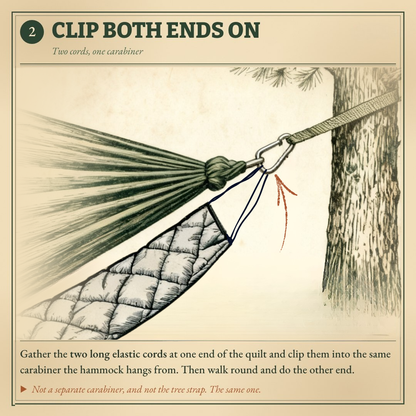 ThermoNest setup step 2: clip both underquilt ends to the hammock