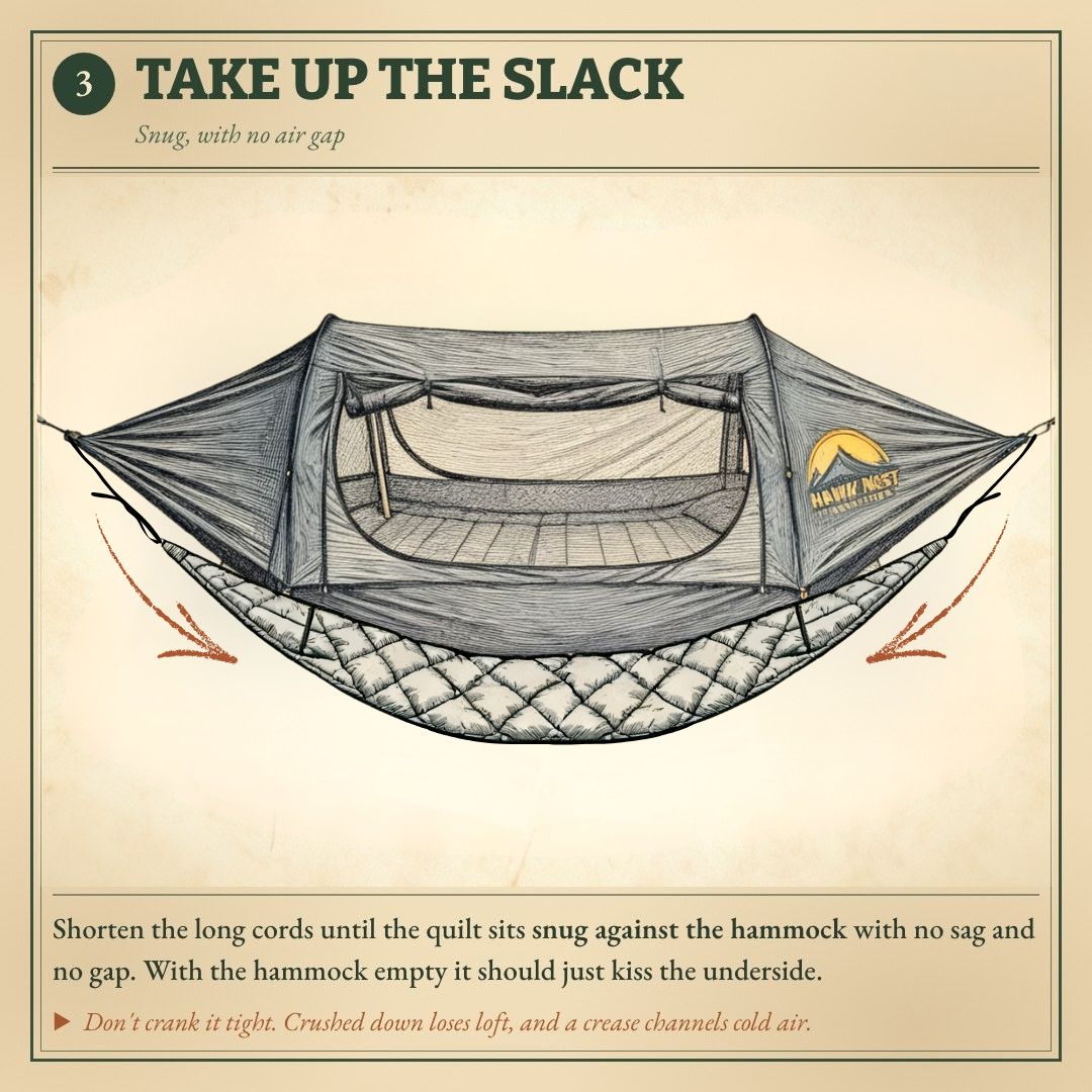 ThermoNest setup step 3: take up slack so the quilt hugs the hammock