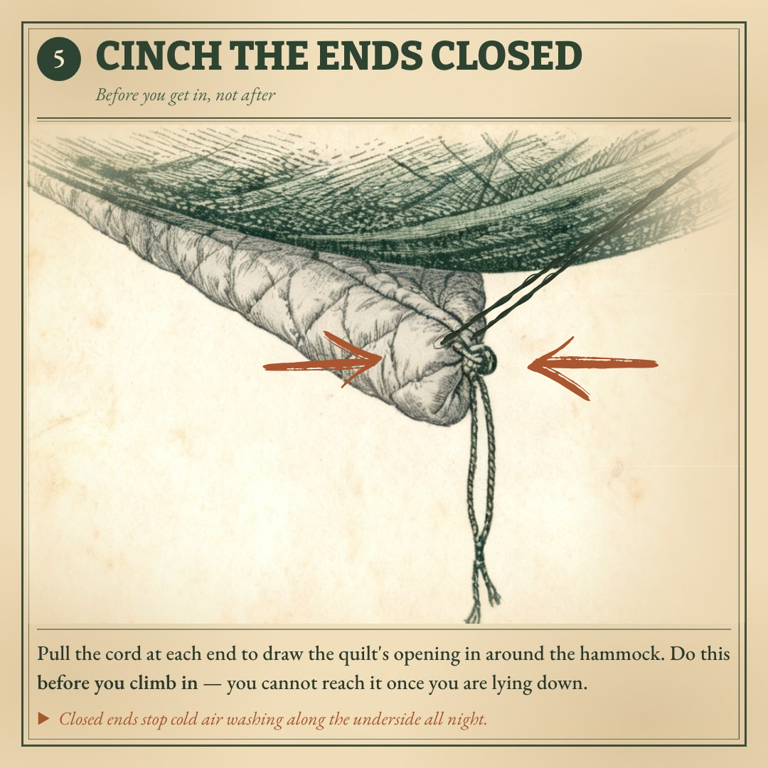 ThermoNest setup step 5: cinch the underquilt ends closed