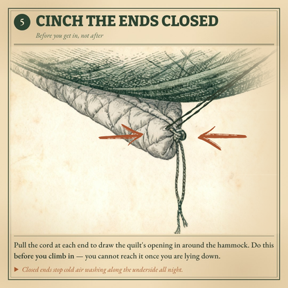 ThermoNest setup step 5: cinch the underquilt ends closed