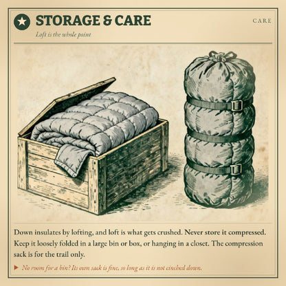 ThermoNest storage and care: store loose, not in the compression sack